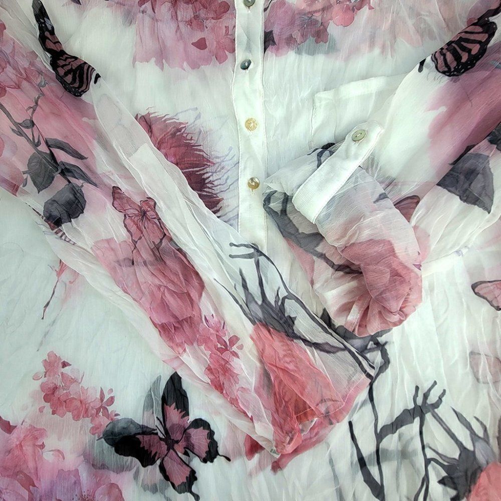 Sheer white pink floral butterfly adjustable sleeves top NWT - Picture 5 of 5